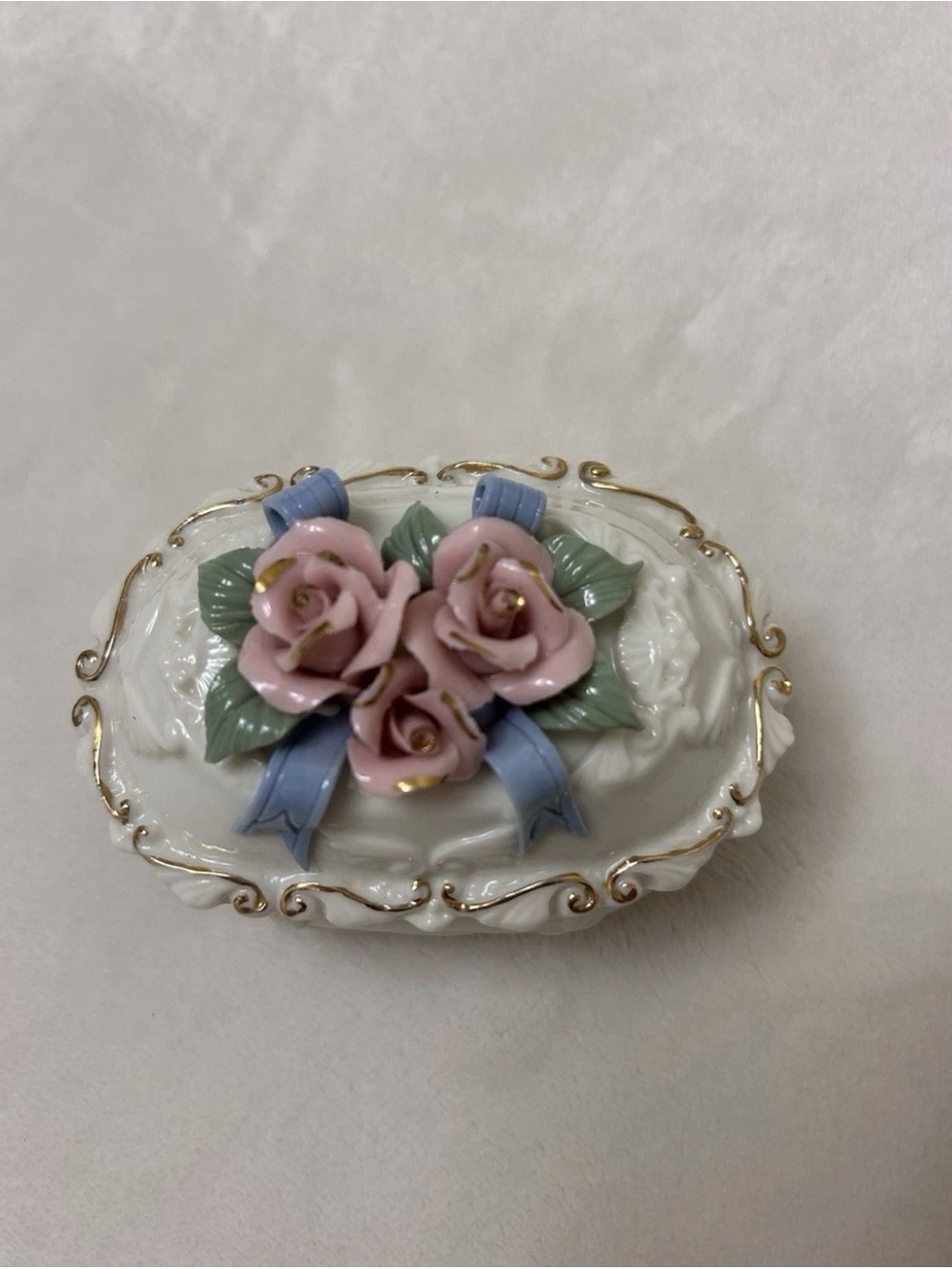 Vintage Porcelain Floral Trinket Box with Pink Roses and Blue Ribbon